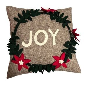 Hand Felted Wool Christmas Pillow - JOY Wreath in Natural Gray - 20"